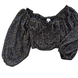 ACOA Women's S Black Floral Smocked Off Shoulder Long Balloon Sleeve Crop Blouse